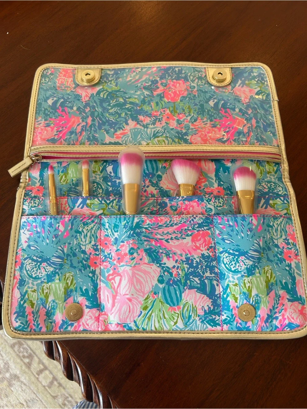 Lilly Pulitzer Travel Cosmetic Organizer Fold Up Makeup Case Gold Trim